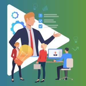 Boss giving direction and people working. Leader, idea, business goals. Business concept. Vector illustration for poster, presentation, new project