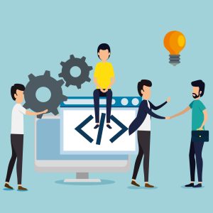 men teamwork with gears induatry and bulb idea vector illustration